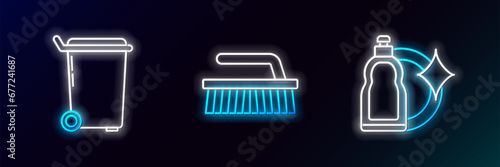 Set line Plastic bottles for liquid dishwashing liquid, Trash can and Brush cleaning icon. Glowing neon. Vector