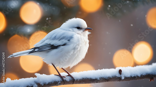 Little cute fluffy white bird on a branch under the snow at winter. Generative Ai © niki spasov
