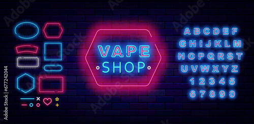Vape shop neon sign. Smoke market label. Geometric frames collection. Bright advertising. Vector stock illustration