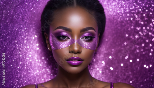 portrait of african fashion model girl with purple makeup on a background with glitter