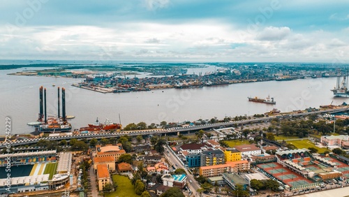Fototapeta Naklejka Na Ścianę i Meble -  Aerial  view of Lagos city waterside roads and buildings in Nigeria
