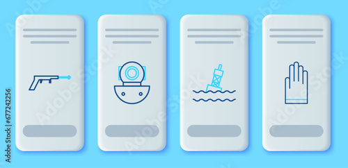 Set line Aqualung, Floating buoy on the sea, Fishing harpoon and Gloves icon. Vector