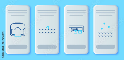 Set line Shark fin in ocean wave, Diving belt, mask and Cold and waves icon. Vector