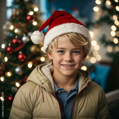 A boy with blonde hair and blue eyes wearing a Santa hat
