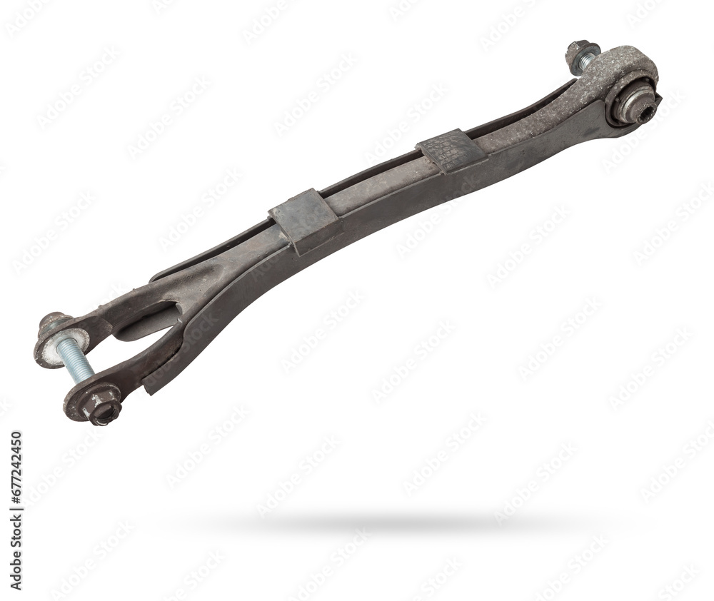 Curved metal chassis arm lever with ball and rubber-metal joint with bushings - silent block on a white isolated background. Detail for suspension repair in a workshop or garage. Curved metal chassis arm lever with ball and rubber-metal joint with bushings - silent block on a white isolated background. Detail for suspension repair in a workshop or garage.
