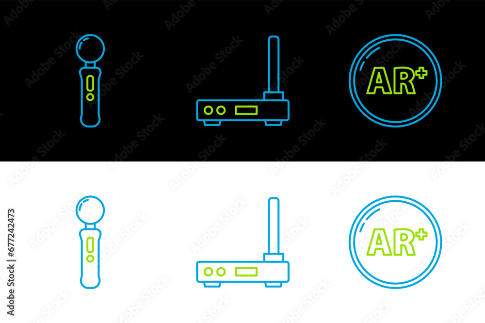 Set line Ar, augmented reality, Gamepad and Router and wi-fi signal icon. Vector Set line Ar, augmented reality, Gamepad and Router and wi-fi signal icon. Vector