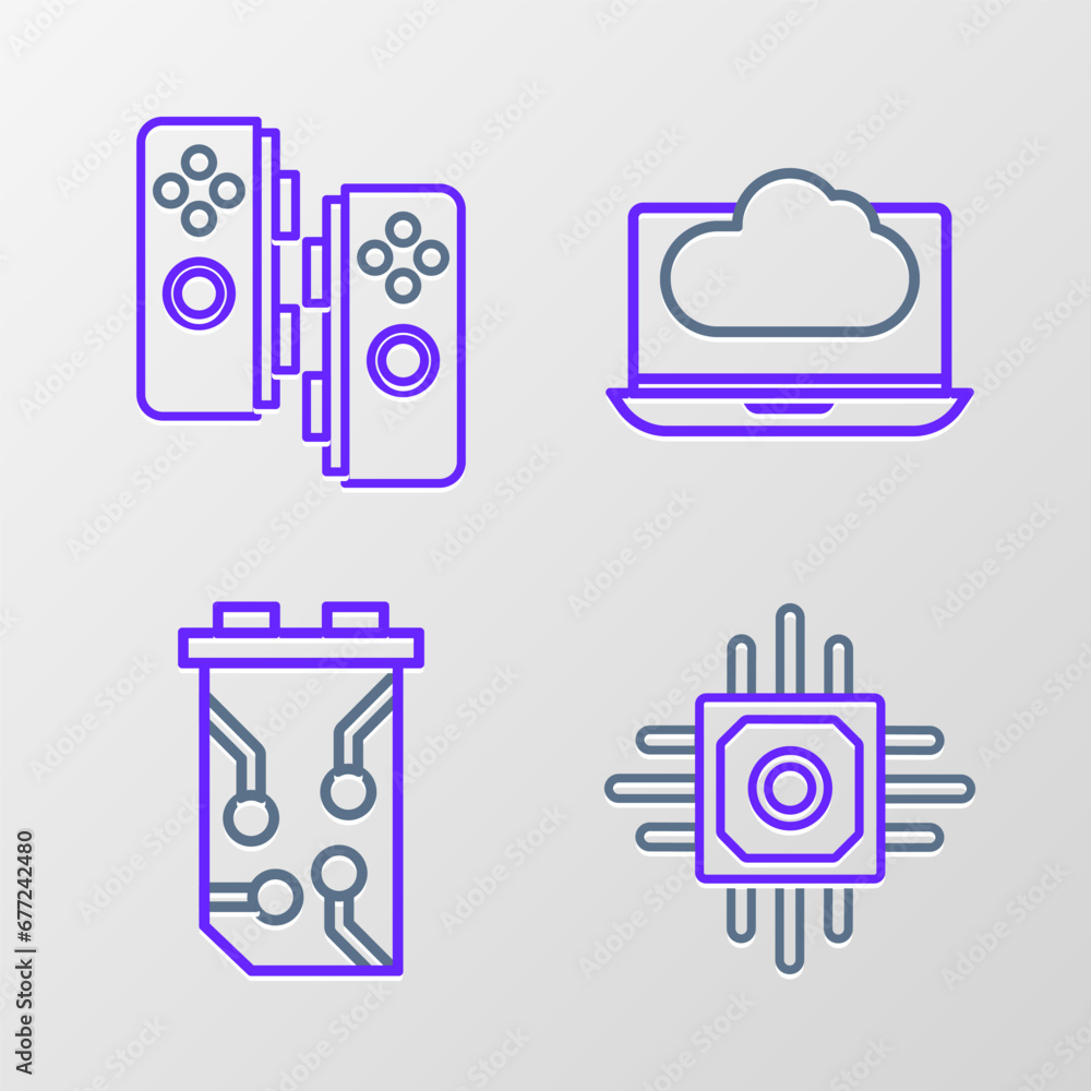 Set line Processor, Video graphic card, Cloud technology data transfer and storage and Gamepad icon. Vector Set line Processor, Video graphic card, Cloud technology data transfer and storage and Gamepad icon. Vector