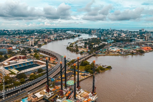 Aerial view of Lagos city waterside roads and buildings