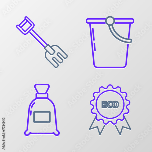 Set line Banner, label, tag, logo for eco, Bag of flour, Bucket and Garden rake icon. Vector
