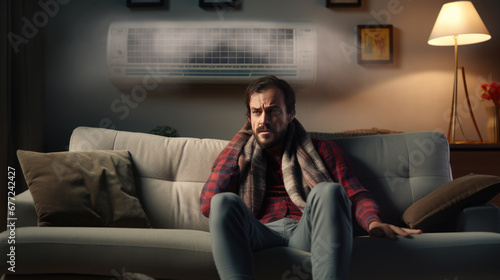 A man sitting uncomfortably on a sofa under an air conditioner, with a pensive expression on his face