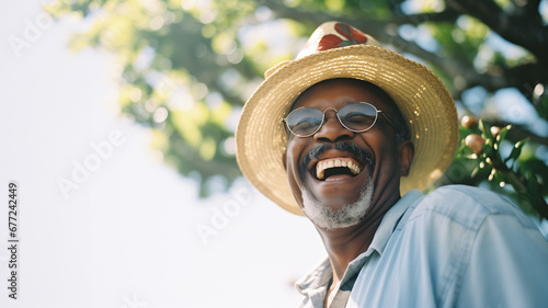 Black farmer smiling, with a hoe in his hands. Brazilian farmer. Family farming