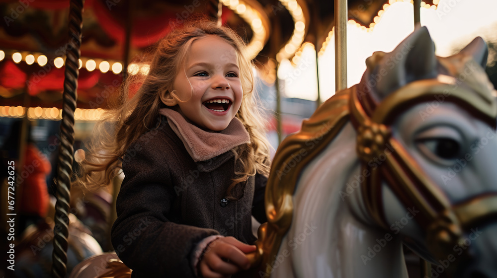 Fototapeta premium A joyful young girl in a winter hat and scarf is smiling while riding on a carousel horse in the evening, illuminated by the ride's lights.