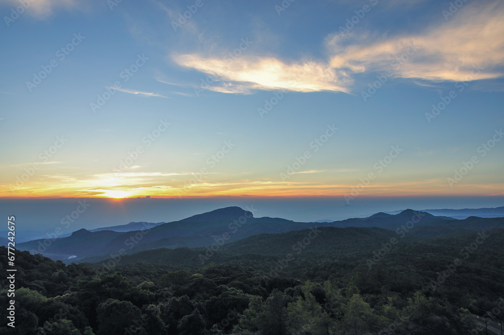 Unique of form and shape of mountain with sunrise at Inthanon National Park, Chiangmai, Thailand