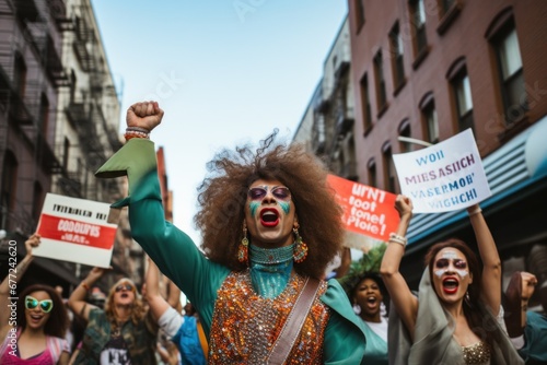 Drag queens protesting on a city street marching