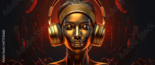 close-up of a golden head of a woman in golden headphones meditates against the backdrop of a cosmic galaxy in red tones. Fantasy, poster, banner, music festival cover, DJ