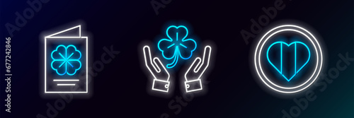 Set line Heart and Happy Saint Patrick day, Patricks Day flyer, brochure, postcard and Human hands holding four leaf clover icon. Glowing neon. Vector
