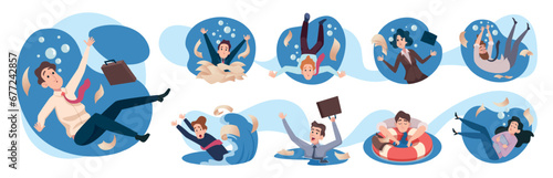 Business people in water. Managers entrepreneur persons swimming exact vector cartoon templates set