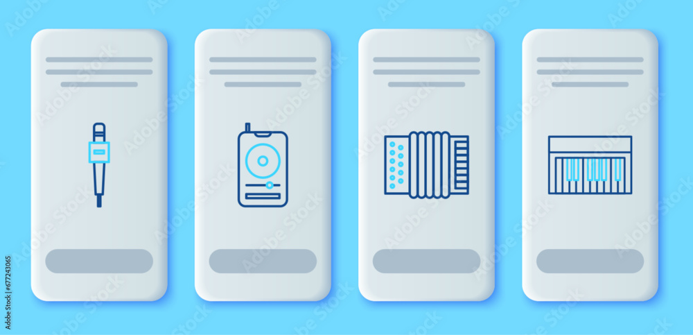 Set line Music player, Musical instrument accordion, Microphone and synthesizer icon. Vector