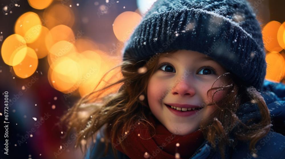 A joyful child is dressed in winter clothes, smiling broadly and looking upwards, surrounded by a festive atmosphere with bokeh lights and falling snow. A joyful child is dressed in winter clothes, smiling broadly and looking upwards, surrounded by a festive atmosphere with bokeh lights and falling snow.