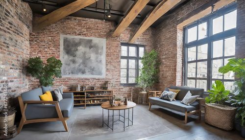 Loft living  Exposed beams  brick walls  and industrial-inspired furnishings in muted grays.