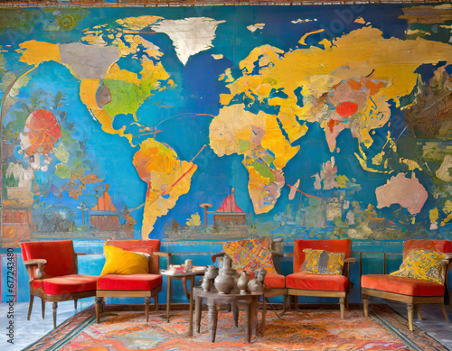 Global fusion, Cultural artifacts, vibrant textiles, and a world map mural for an eclectic feel.