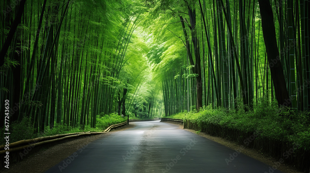 Fototapeta premium country road between Lush greens and strong vertical lines of trees in a bamboo grove.