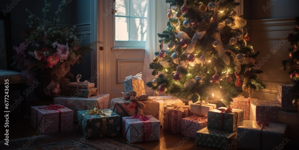 Festive Christmas tree with presents in classic interior, evening, twilight.