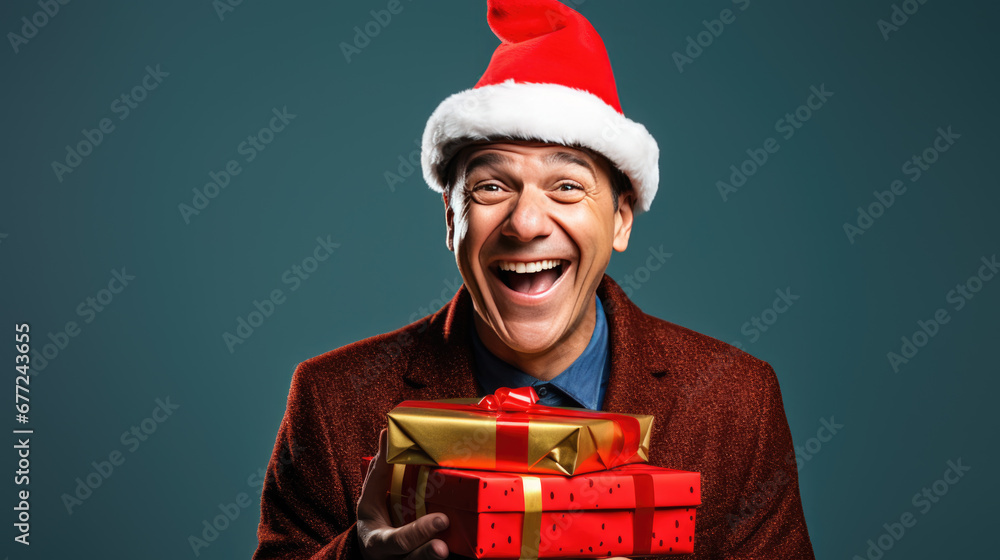 Man holding a gold-wrapped Christmas present with a ribbon, set against a solid background Man holding a gold-wrapped Christmas present with a ribbon, set against a solid background