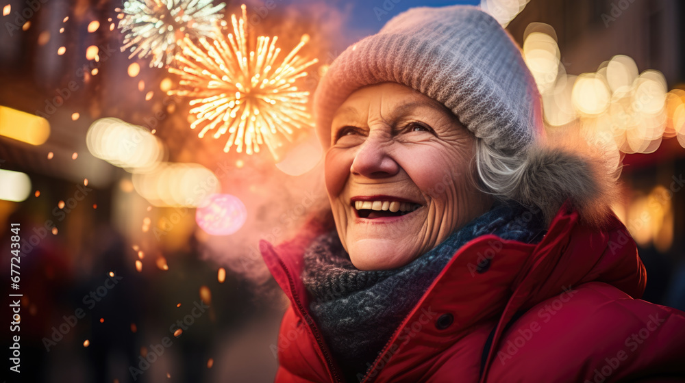 An elderly woman is laughing and looking at fireworks in the sky, wearing a beanie and a warm scarf, with a background of bokeh lights and a celebratory atmosphere. An elderly woman is laughing and looking at fireworks in the sky, wearing a beanie and a warm scarf, with a background of bokeh lights and a celebratory atmosphere.
