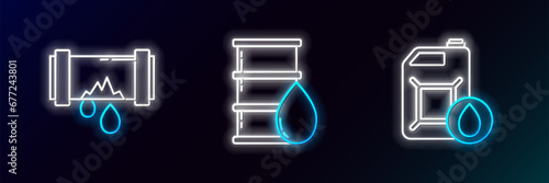 Set line Canister for motor machine oil, Broken metal pipe with leaking water and Barrel icon. Glowing neon. Vector
