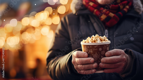 A person is holding a cup of popcorn with gloved hands, dressed in a winter jacket and scarf, against a backdrop of festive bokeh lights