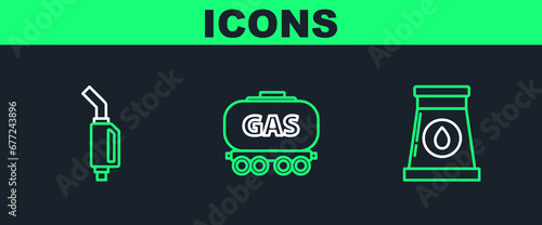 Set line Oil and gas industrial factory building, Gasoline pump nozzle and railway cistern icon. Vector