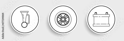 Set line Car battery, Signal horn on vehicle and wheel icon. Vector photo
