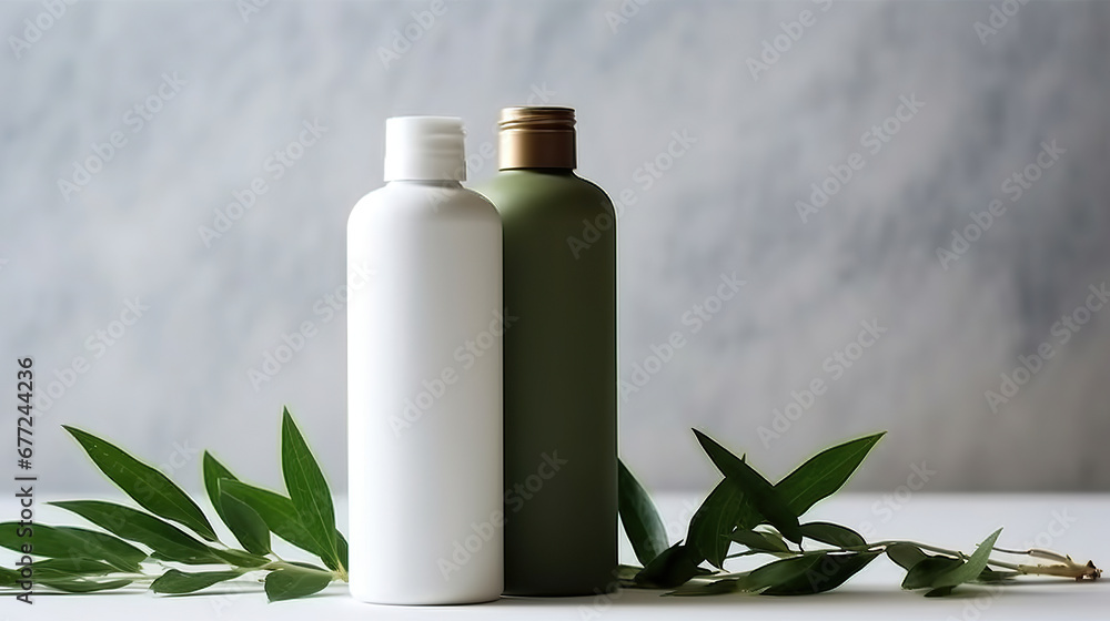 Cosmetic bottle containers with green herbal leaves, Blank label for branding mock-up, Natural beauty product concept. Cosmetic bottle containers with green herbal leaves, Blank label for branding mock-up, Natural beauty product concept.