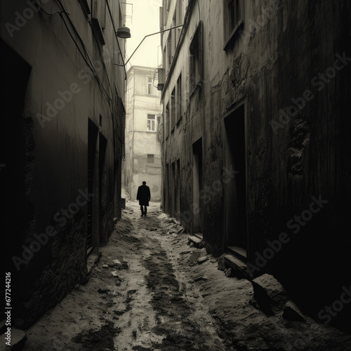 Strolling Down the Street in the Style of Atmospheric Portraits, War Photography, Dystopian Landscapes, Painted in Dark Beige Tones