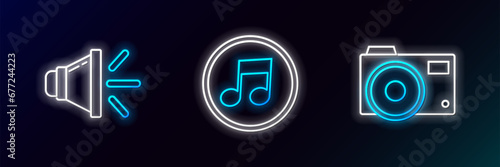 Set line Photo camera, Speaker volume and Music note, tone icon. Glowing neon. Vector