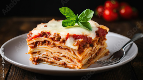 delicious lasagna served on white plate, wood table background.