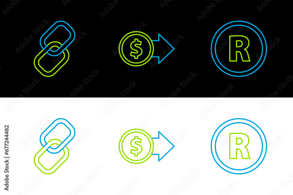 Set line Registered Trademark, Chain link and Coin money with dollar symbol icon. Vector Set line Registered Trademark, Chain link and Coin money with dollar symbol icon. Vector