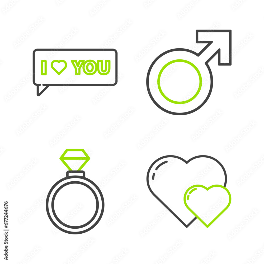 Set line Heart, Wedding rings, Male gender symbol and Speech bubble with I love you icon. Vector Set line Heart, Wedding rings, Male gender symbol and Speech bubble with I love you icon. Vector
