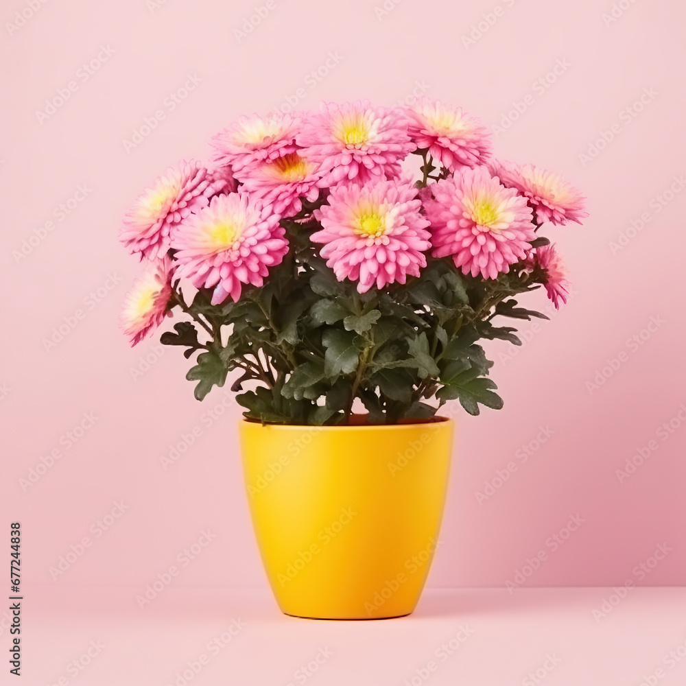 pink and yellow chrysanthemum in a pot, studio pink background.