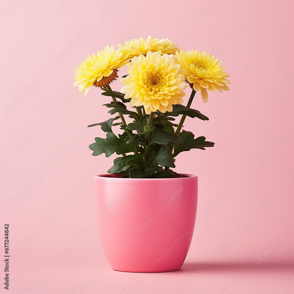 pink and yellow chrysanthemum in a pot, studio pink background.