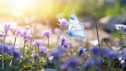 Purple butterfly on wild white violet flowers in grass in rays of sunlight, macro. Spring summer fresh artistic image of beauty morning nature. Selective soft focus. © Santy Hong