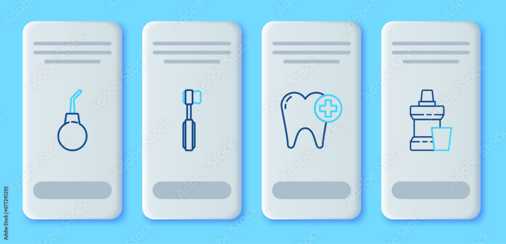 Set line Toothbrush, Enema pear and Mouthwash plastic bottle icon. Vector