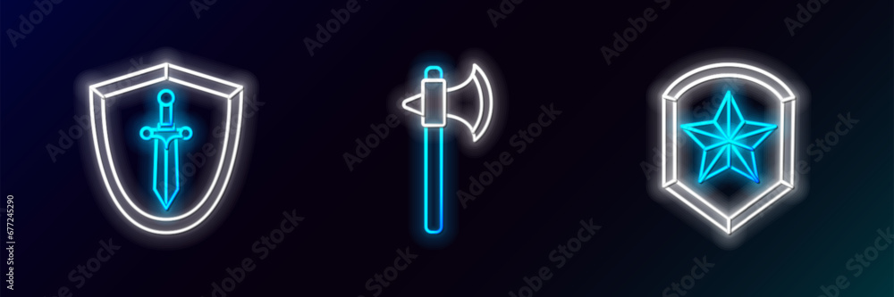 Set line Police badge, Medieval shield with sword and axe icon. Glowing neon. Vector Set line Police badge, Medieval shield with sword and axe icon. Glowing neon. Vector