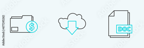 Set line DOC file document, Finance folder and Cloud download icon. Vector