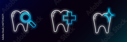 Set line Tooth whitening concept, Dental search and clinic for dental care tooth icon. Glowing neon. Vector