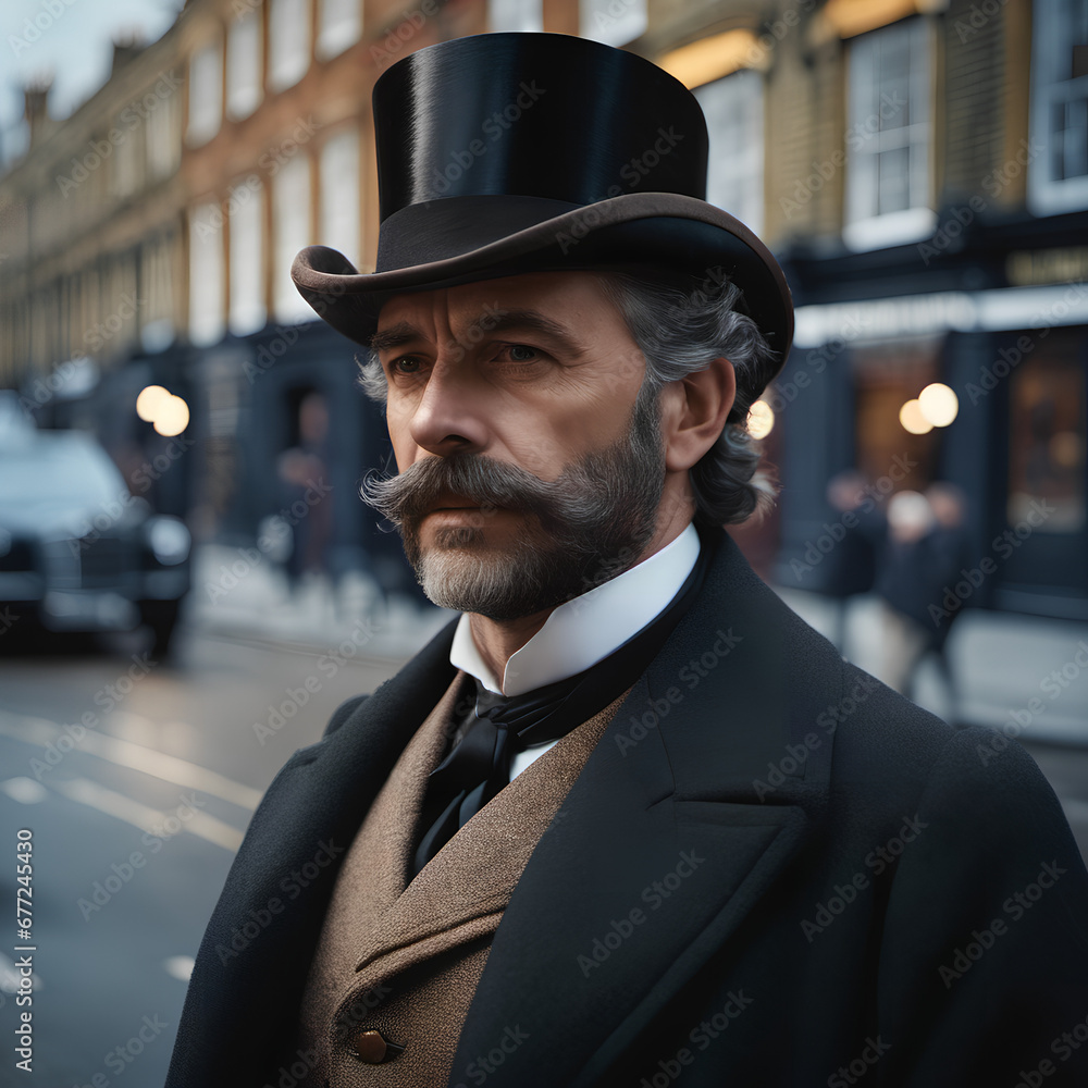 The old man with the hat in the London street in retro style The old man with the hat in the London street in retro style
