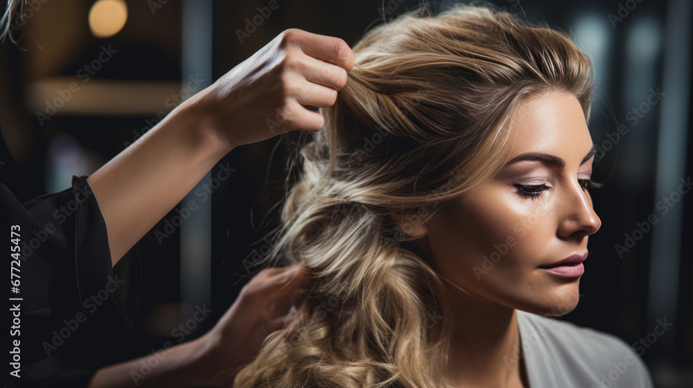 Fototapeta premium A hairstylist working on a woman's hair, carefully styling it, while the woman, with professionally done makeup, is seen in profile against a blurred salon background.