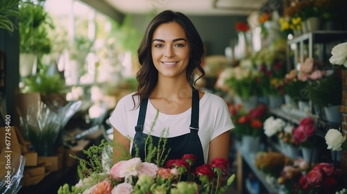 Startup successful SMEs small business entrepreneur owner Caucasian woman standing with flowers at florist shop. Portrait of Caucasian girl successful owner environment friendly concept. © Santy Hong