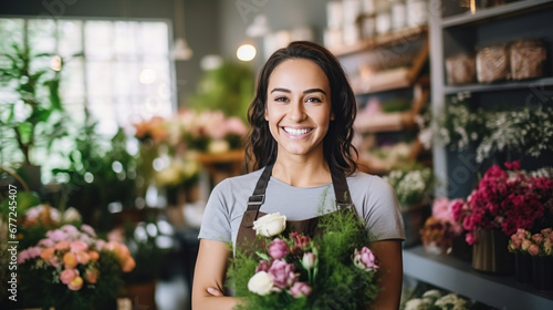 Startup successful SMEs small business entrepreneur owner Caucasian woman standing with flowers at florist shop. Portrait of Caucasian girl successful owner environment friendly concept.